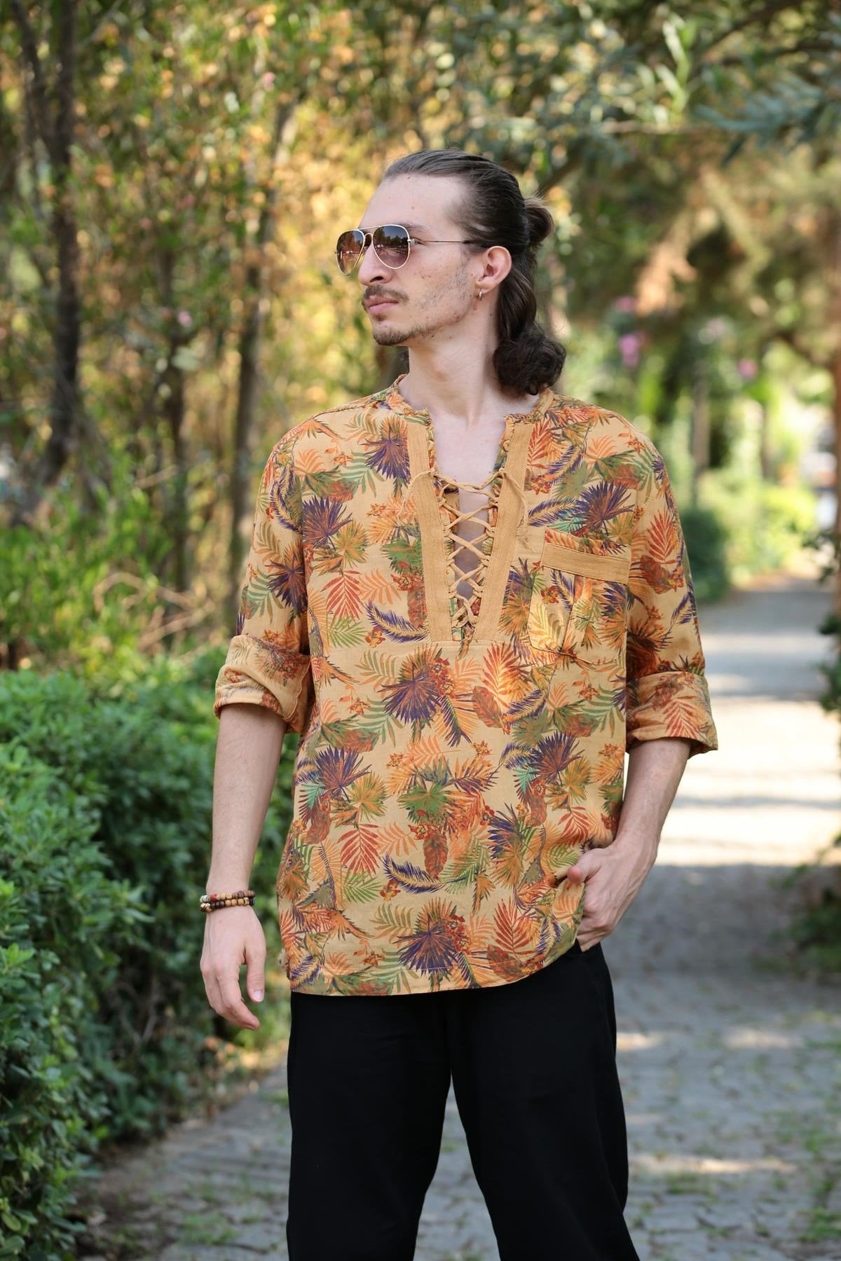 Mustard Patterned Bohemian Men's Shirt with Lace-Up Collar