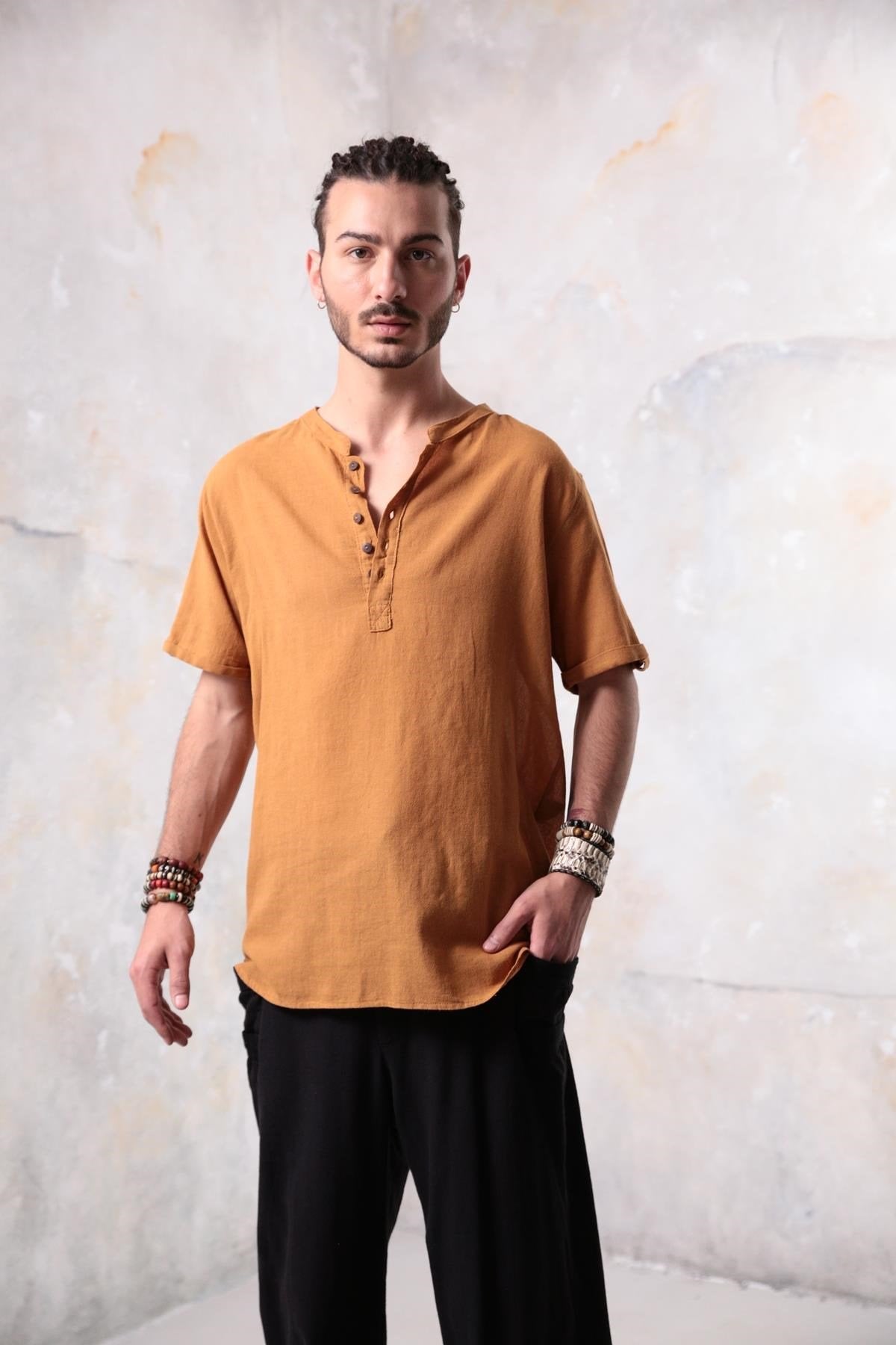 Mustard Yellow Buttoned Short-Sleeved Mandarin Collar Men's Shirt