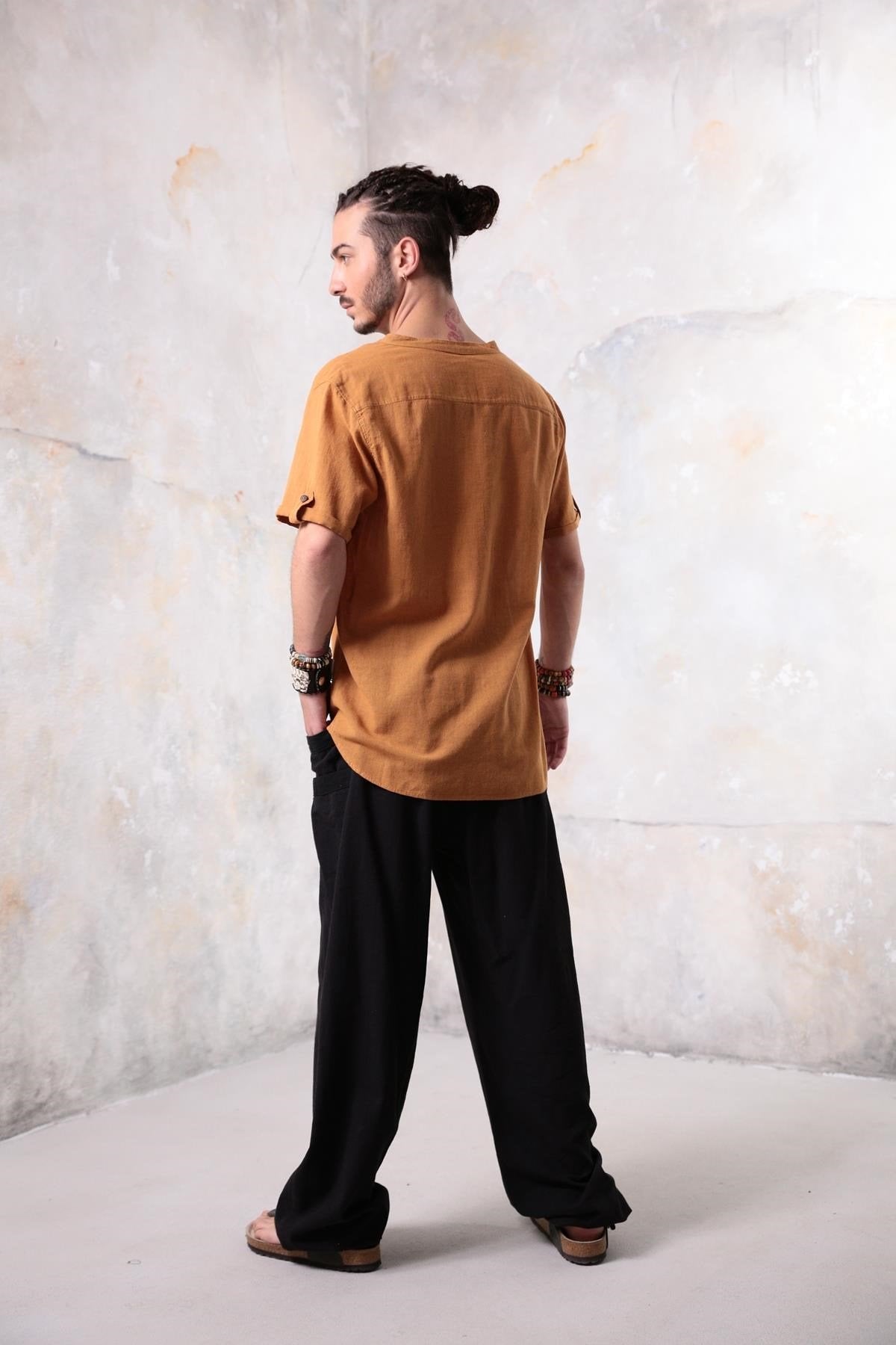 Mustard Yellow Buttoned Short-Sleeved Mandarin Collar Men's Shirt