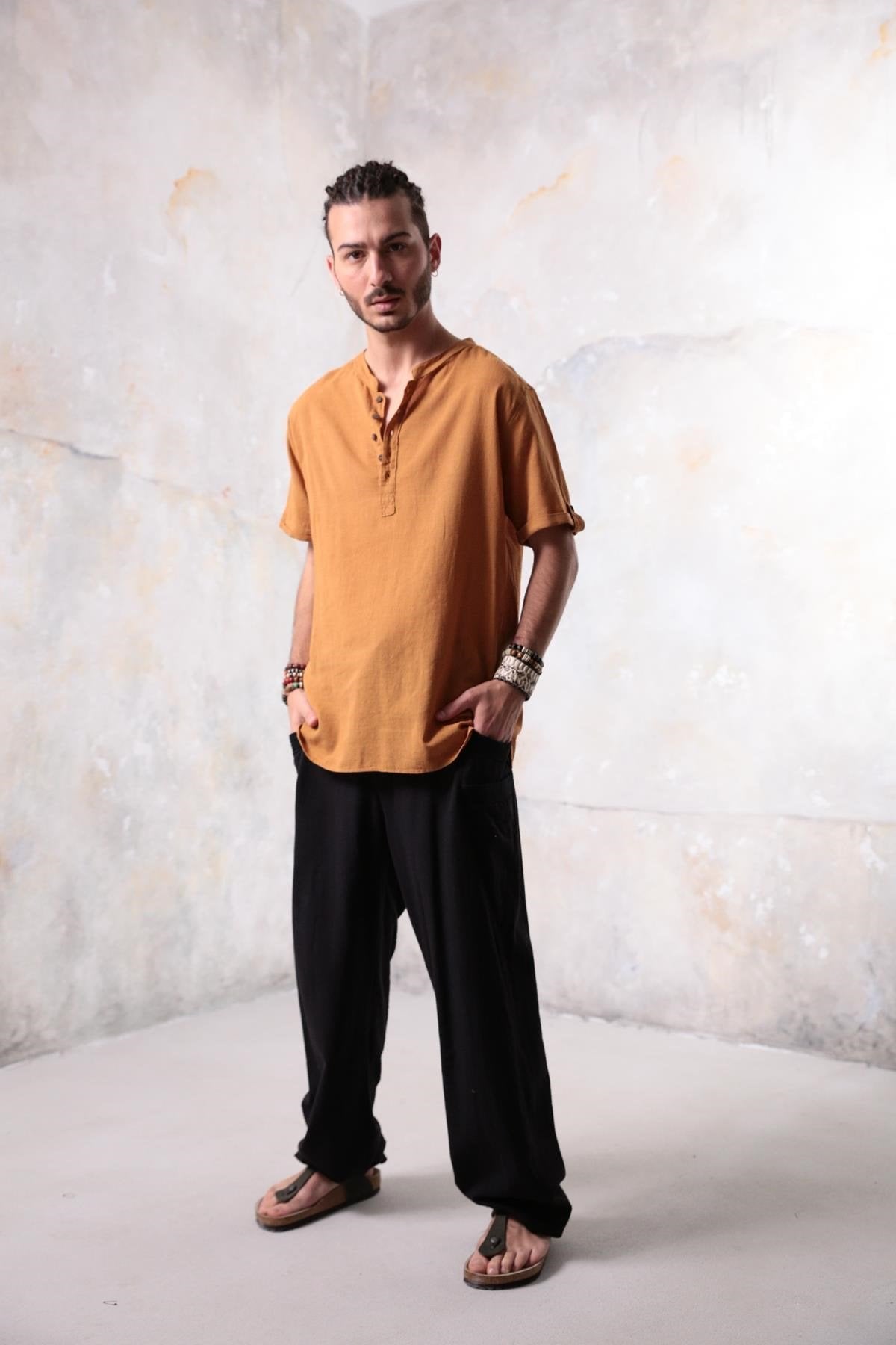 Mustard Yellow Buttoned Short-Sleeved Mandarin Collar Men's Shirt