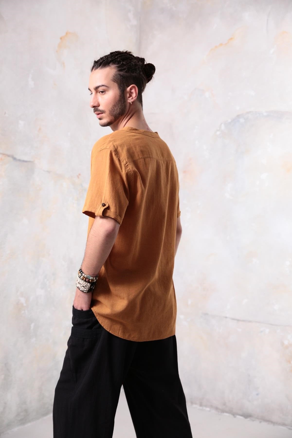 Mustard Yellow Buttoned Short-Sleeved Mandarin Collar Men's Shirt