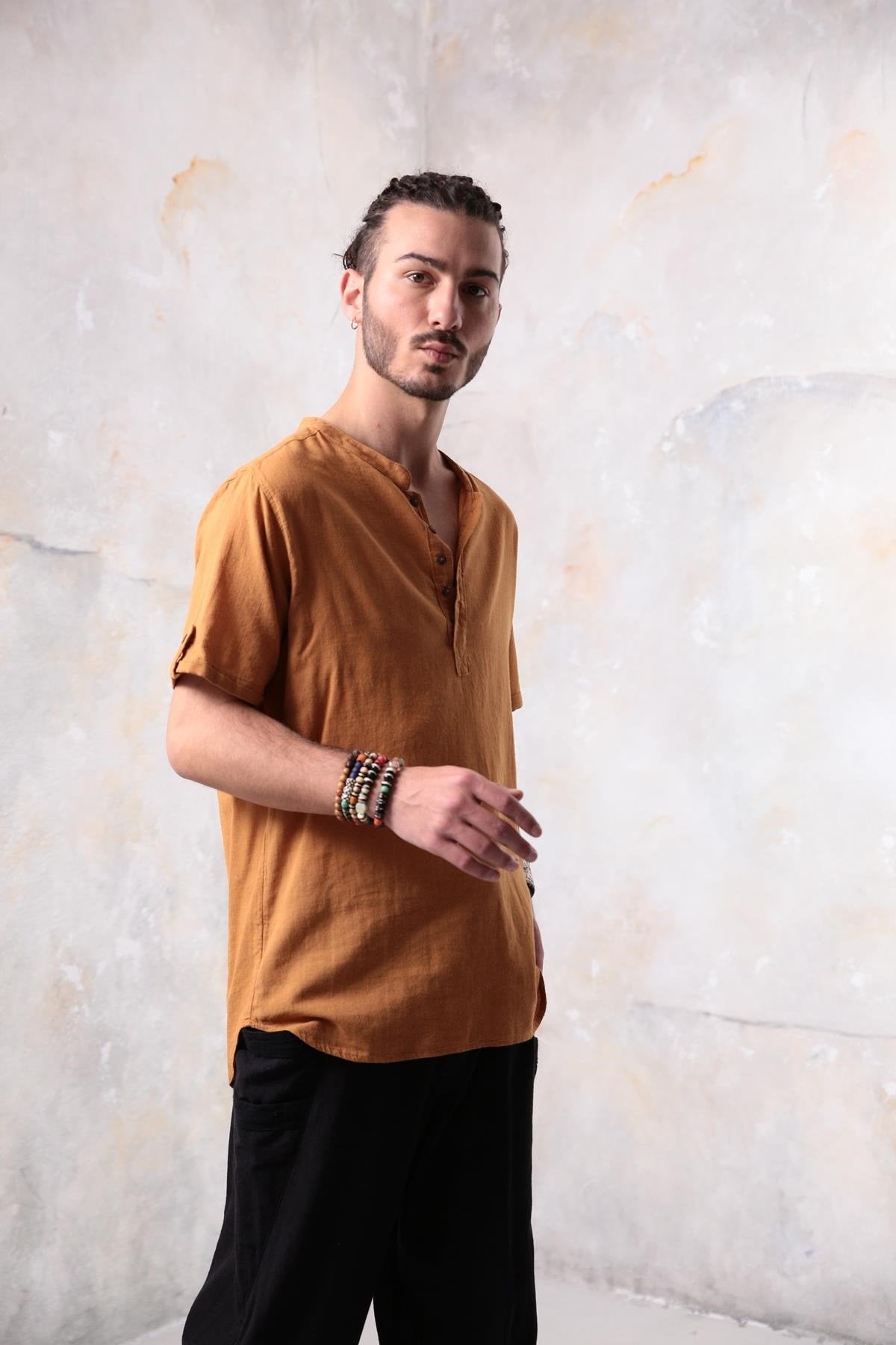 Mustard Yellow Buttoned Short-Sleeved Mandarin Collar Men's Shirt