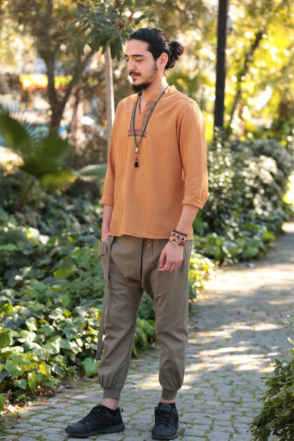 Mustard Yellow Mandarin Collar Cotton Men's Shirt with Embroidered Detail