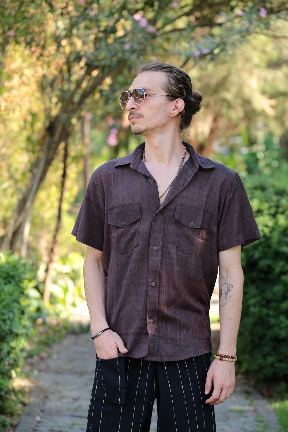 Brown Short-Sleeved Shirt with Pockets