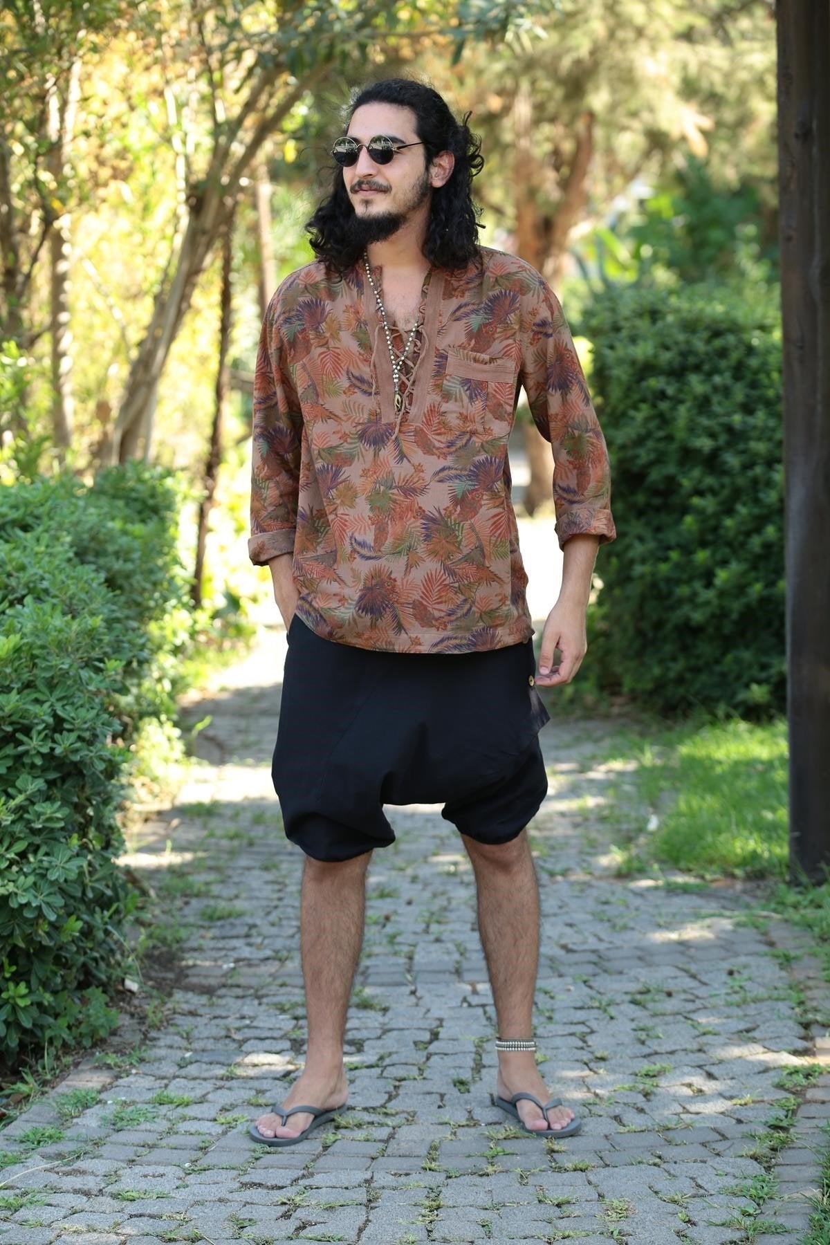 Brown Patterned Bohemian Men's Shirt with Lace-Up Collar