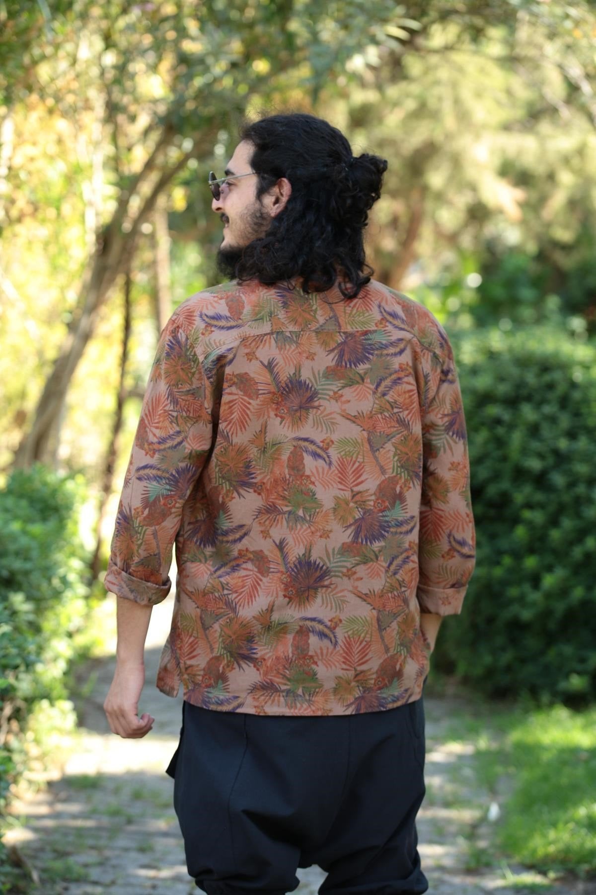 Brown Patterned Bohemian Men's Shirt with Lace-Up Collar