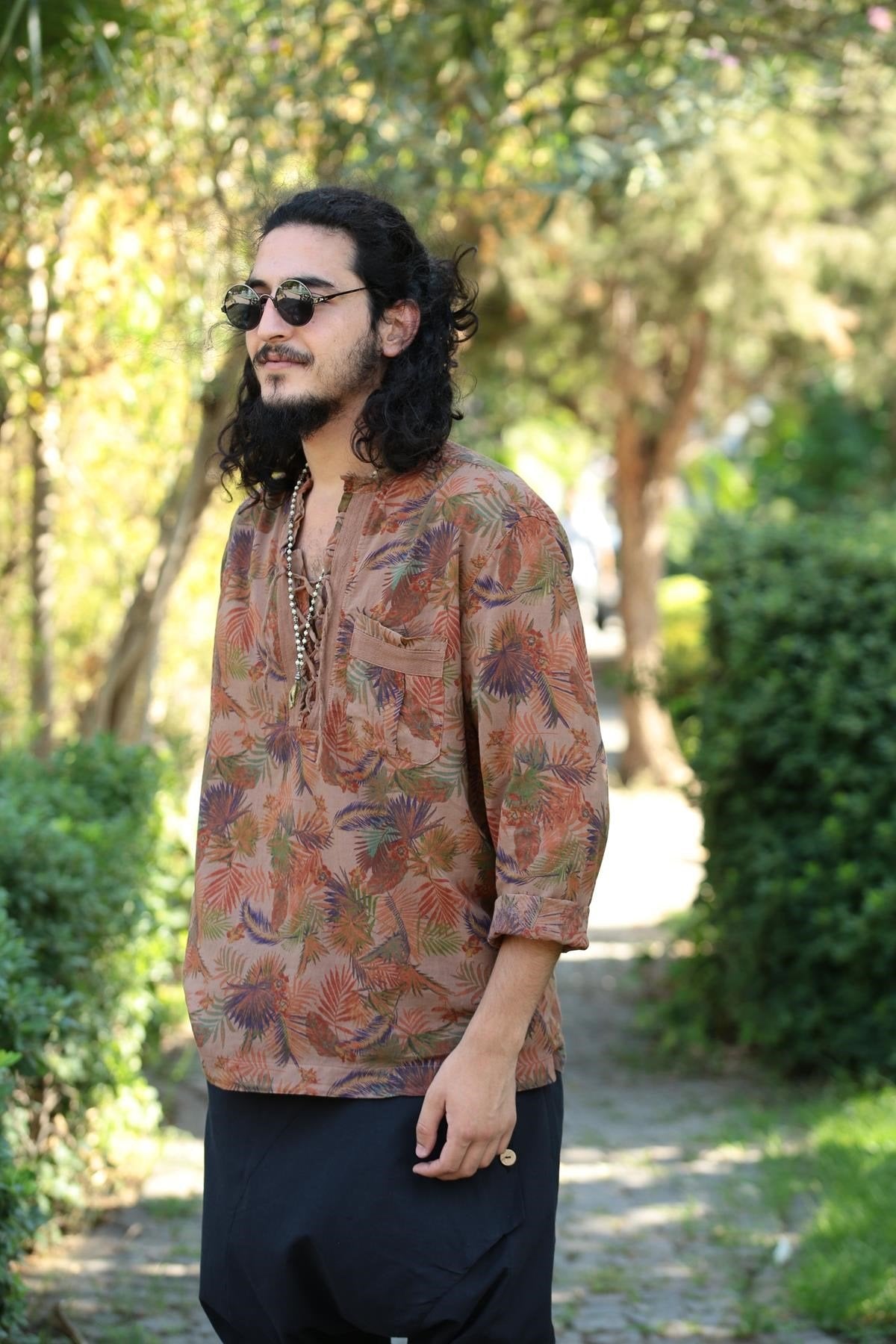 Brown Patterned Bohemian Men's Shirt with Lace-Up Collar