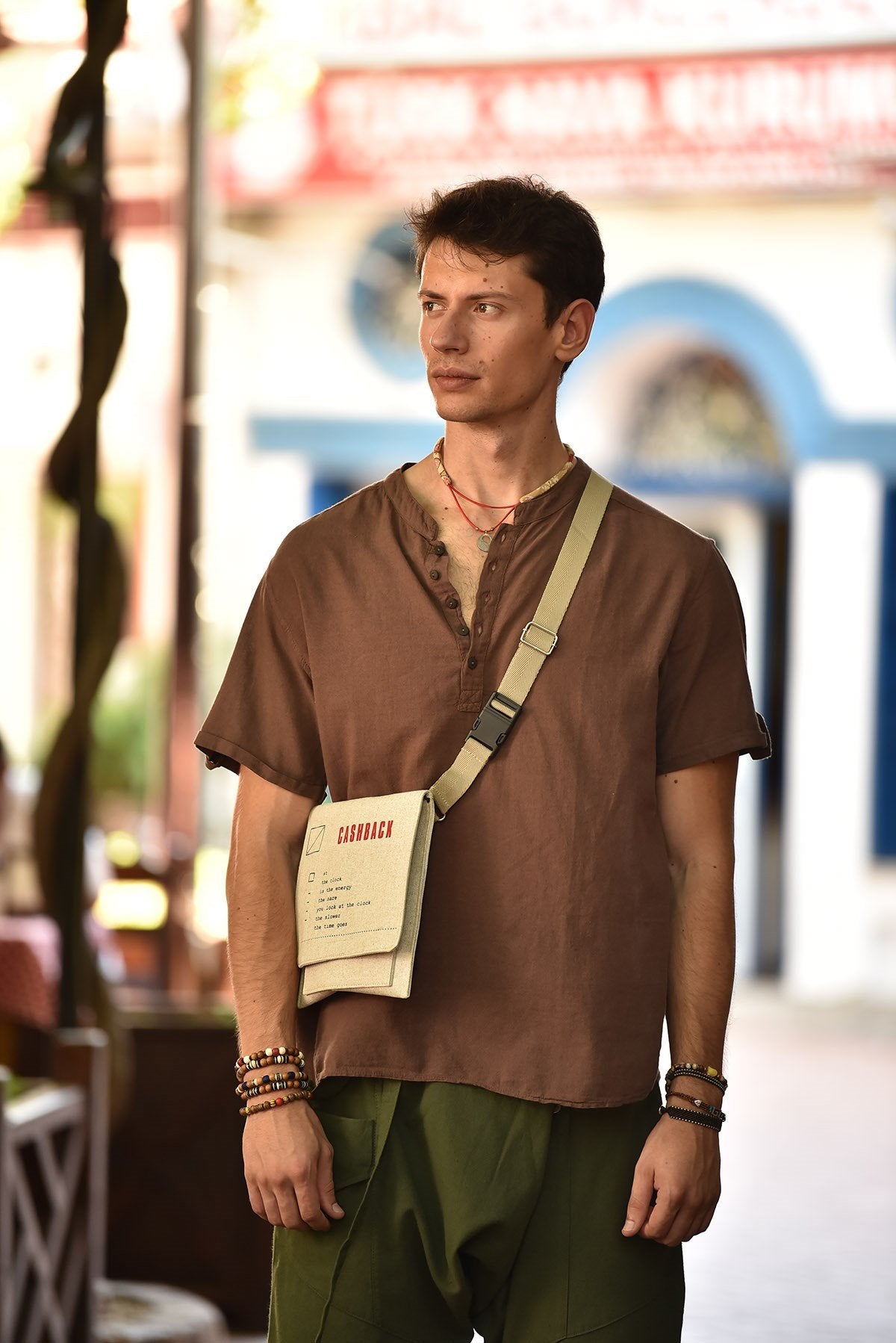 Brown Buttoned Short-Sleeved Mandarin Collar Men's Shirt