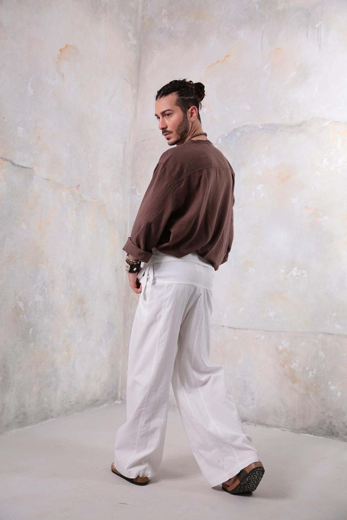 Brown Bohemian Men's Shirt with Lace-Up Collar