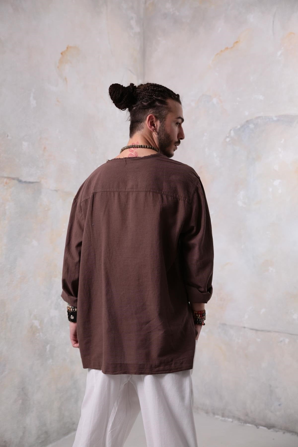 Brown Bohemian Men's Shirt with Lace-Up Collar