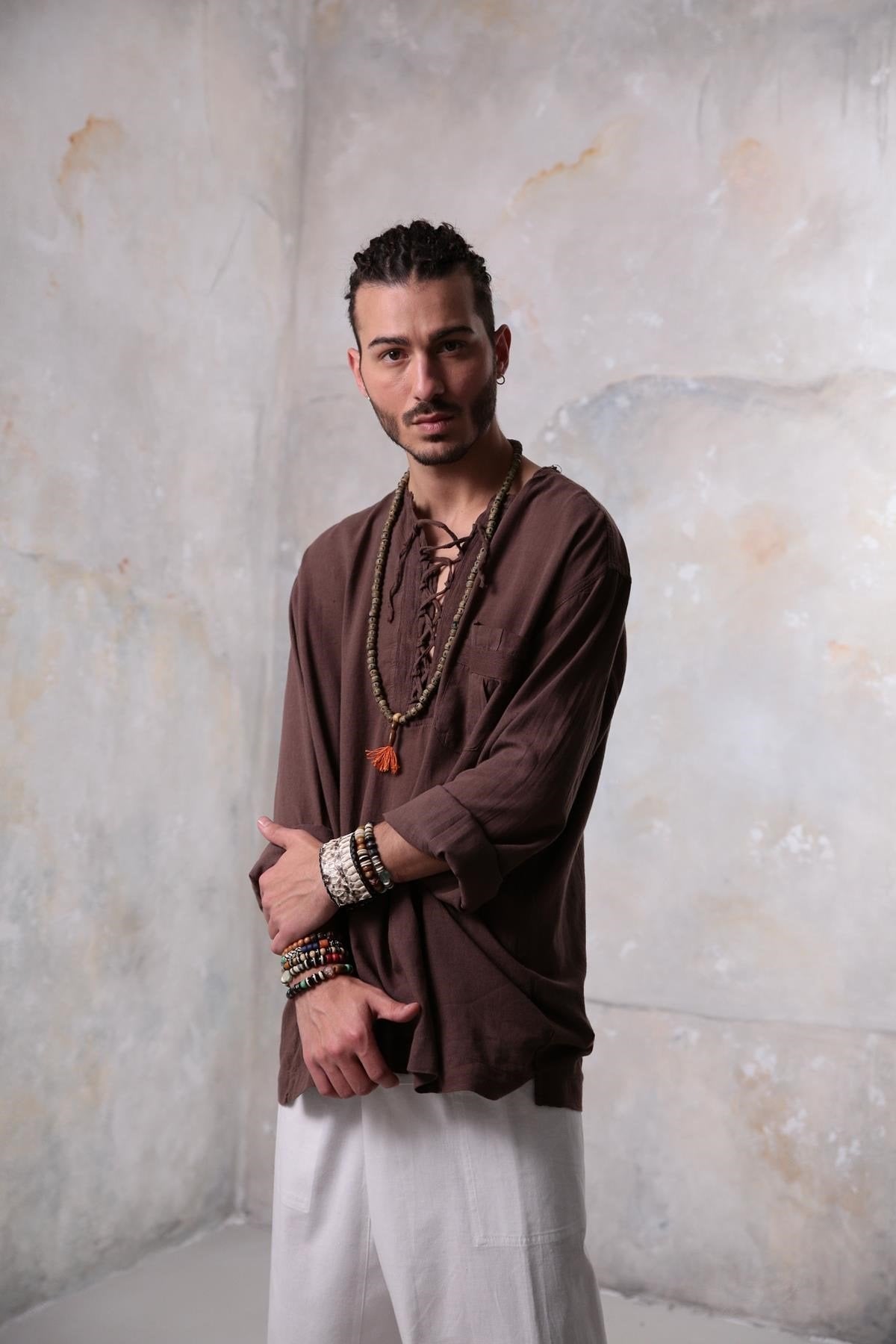 Brown Bohemian Men's Shirt with Lace-Up Collar