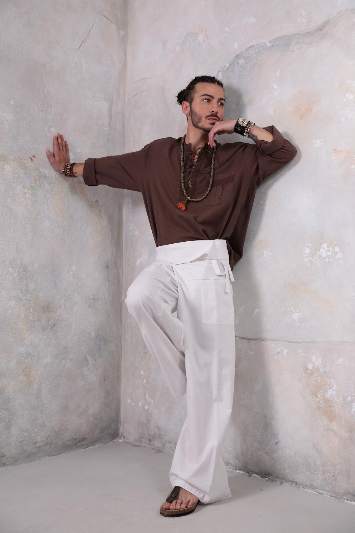 Brown Bohemian Men's Shirt with Lace-Up Collar