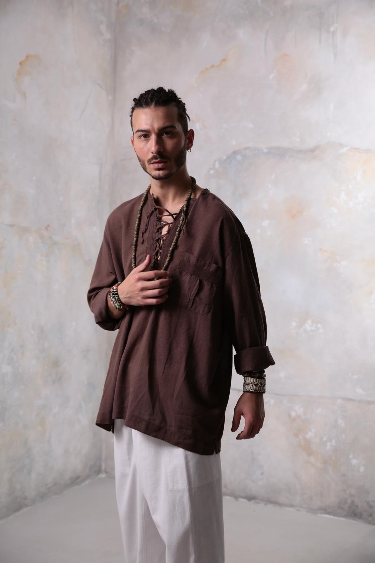 Brown Bohemian Men's Shirt with Lace-Up Collar