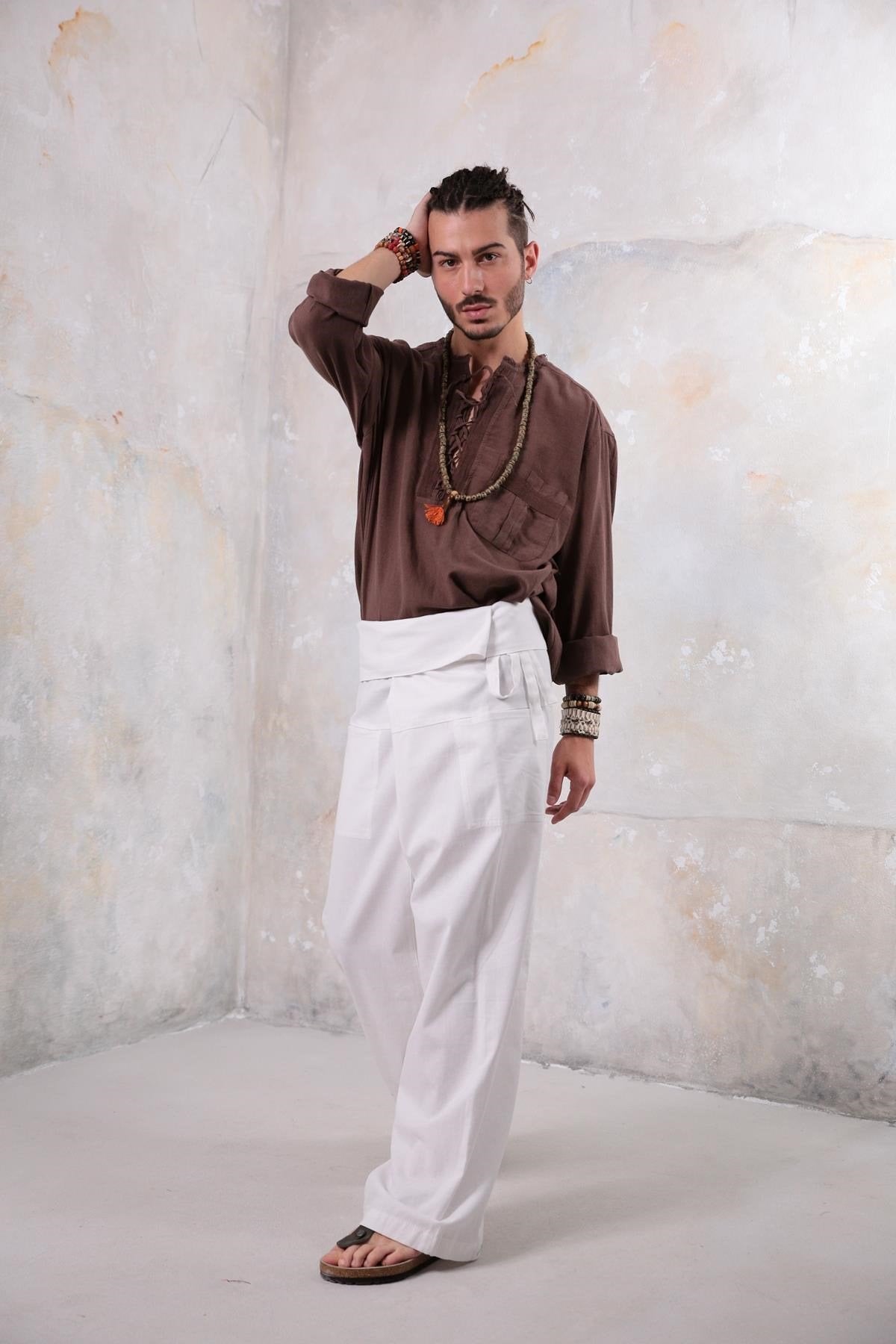 Brown Bohemian Men's Shirt with Lace-Up Collar