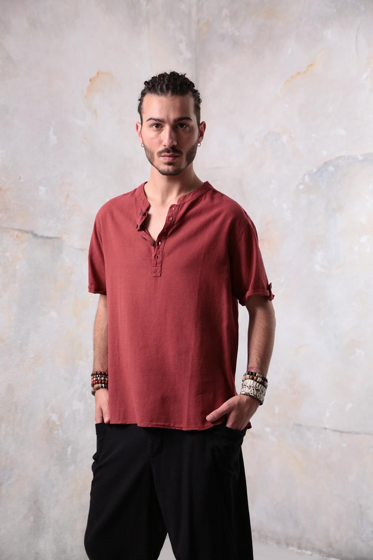 Brick Red Buttoned Short-Sleeved Mandarin Collar Men's Shirt