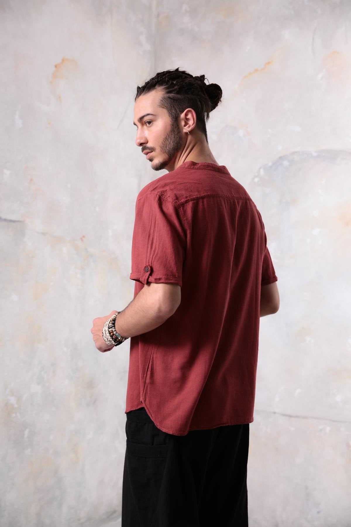 Brick Red Buttoned Short-Sleeved Mandarin Collar Men's Shirt