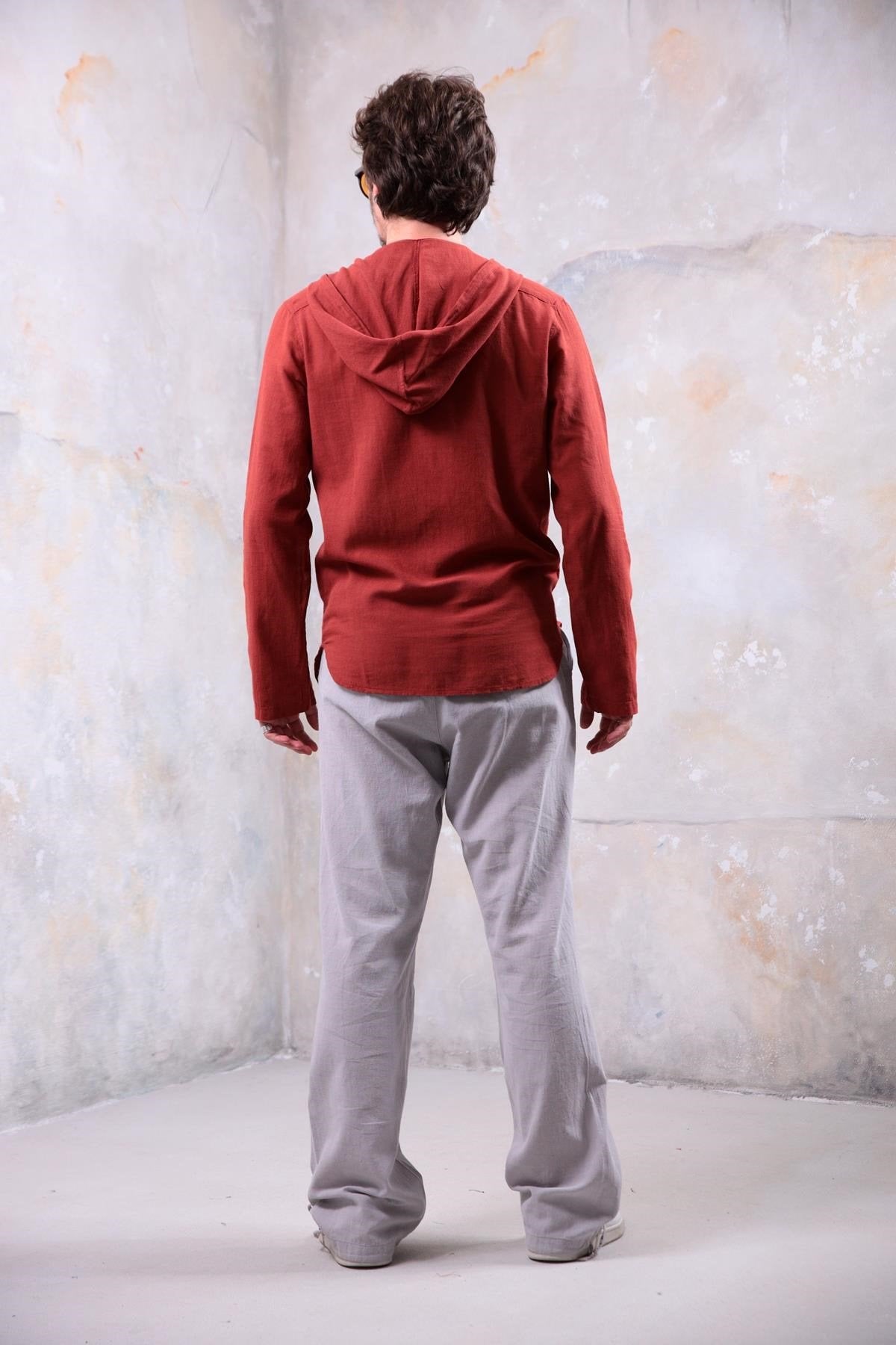 Terracotta-Colored Hooded Shirt with Kangaroo Pocket