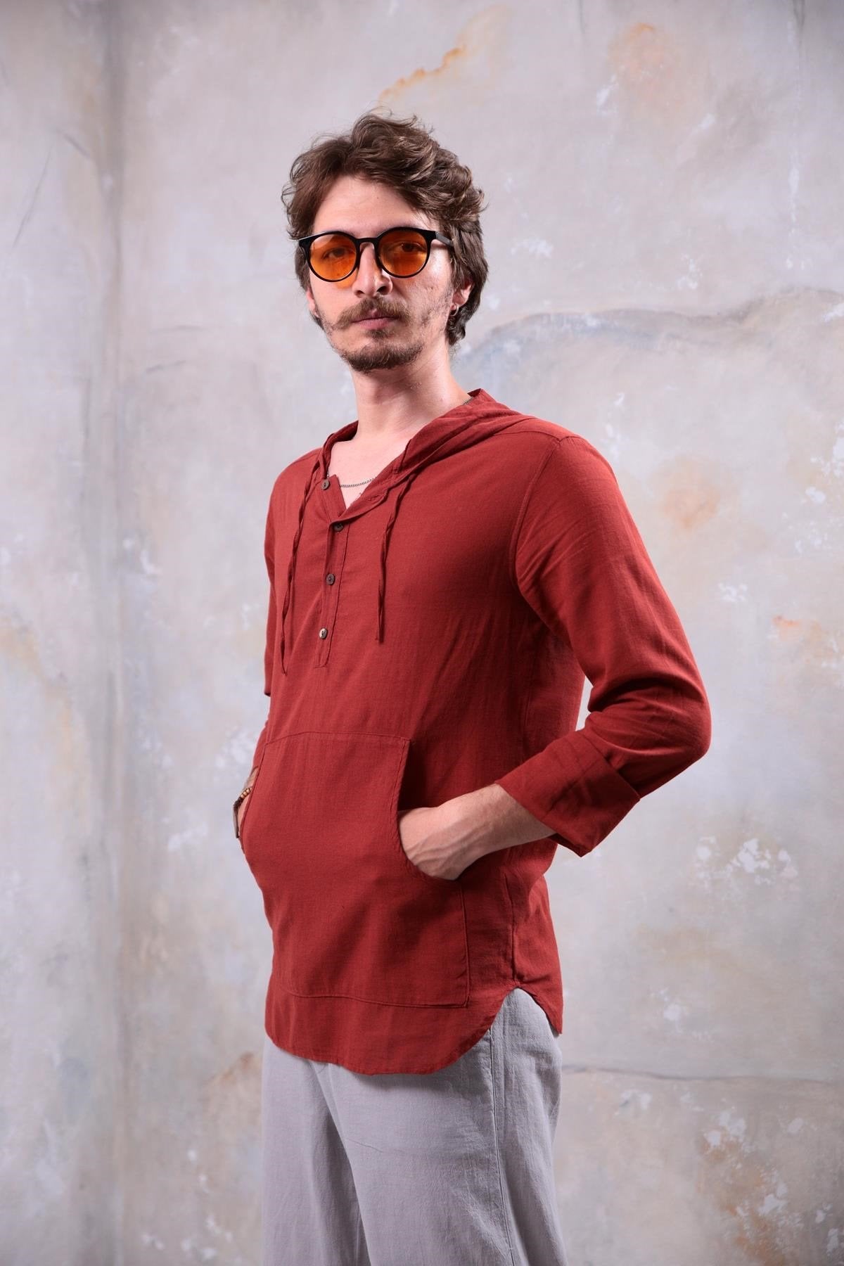 Terracotta-Colored Hooded Shirt with Kangaroo Pocket