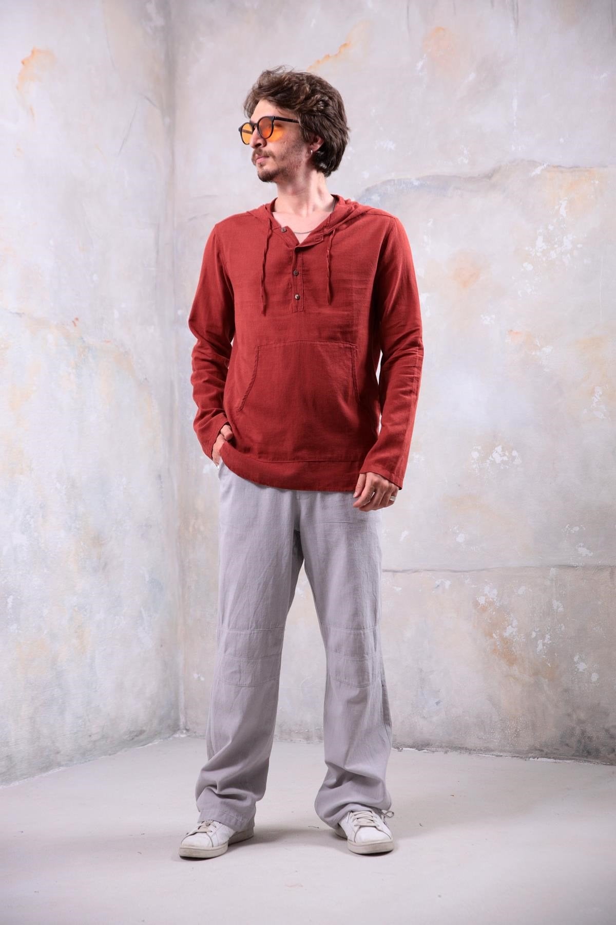 Terracotta-Colored Hooded Shirt with Kangaroo Pocket