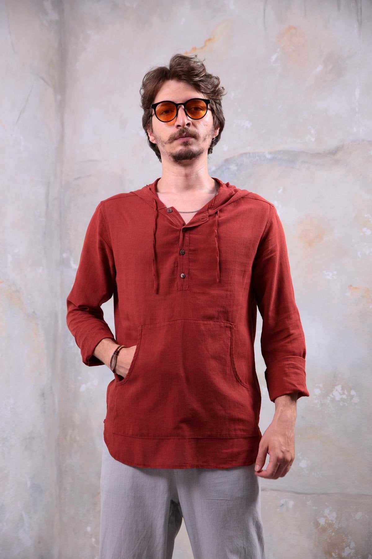 Terracotta-Colored Hooded Shirt with Kangaroo Pocket