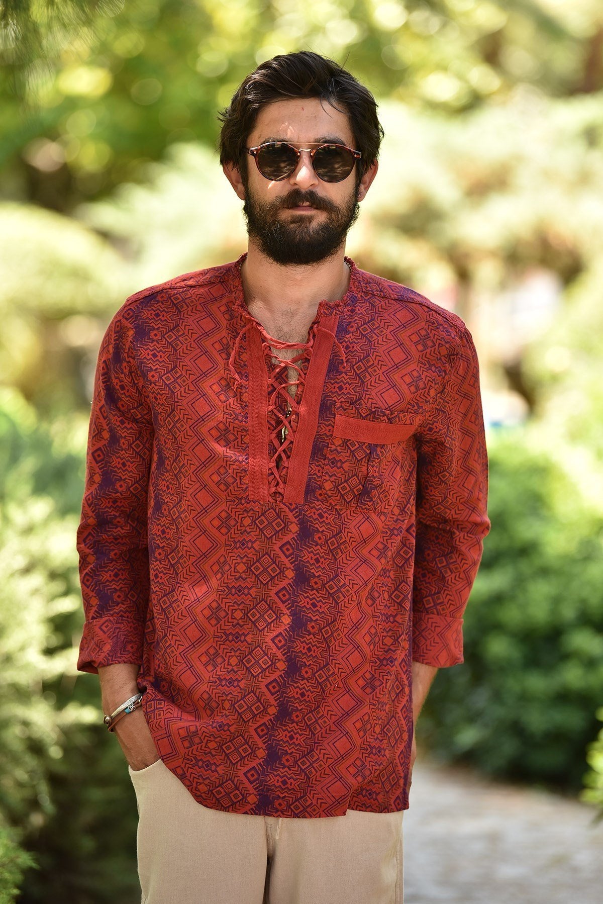 Red Patterned Bohemian Men's Shirt with Lace-up Collar