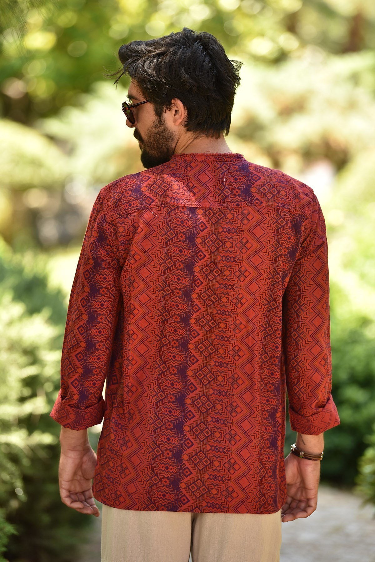 Red Patterned Bohemian Men's Shirt with Lace-up Collar
