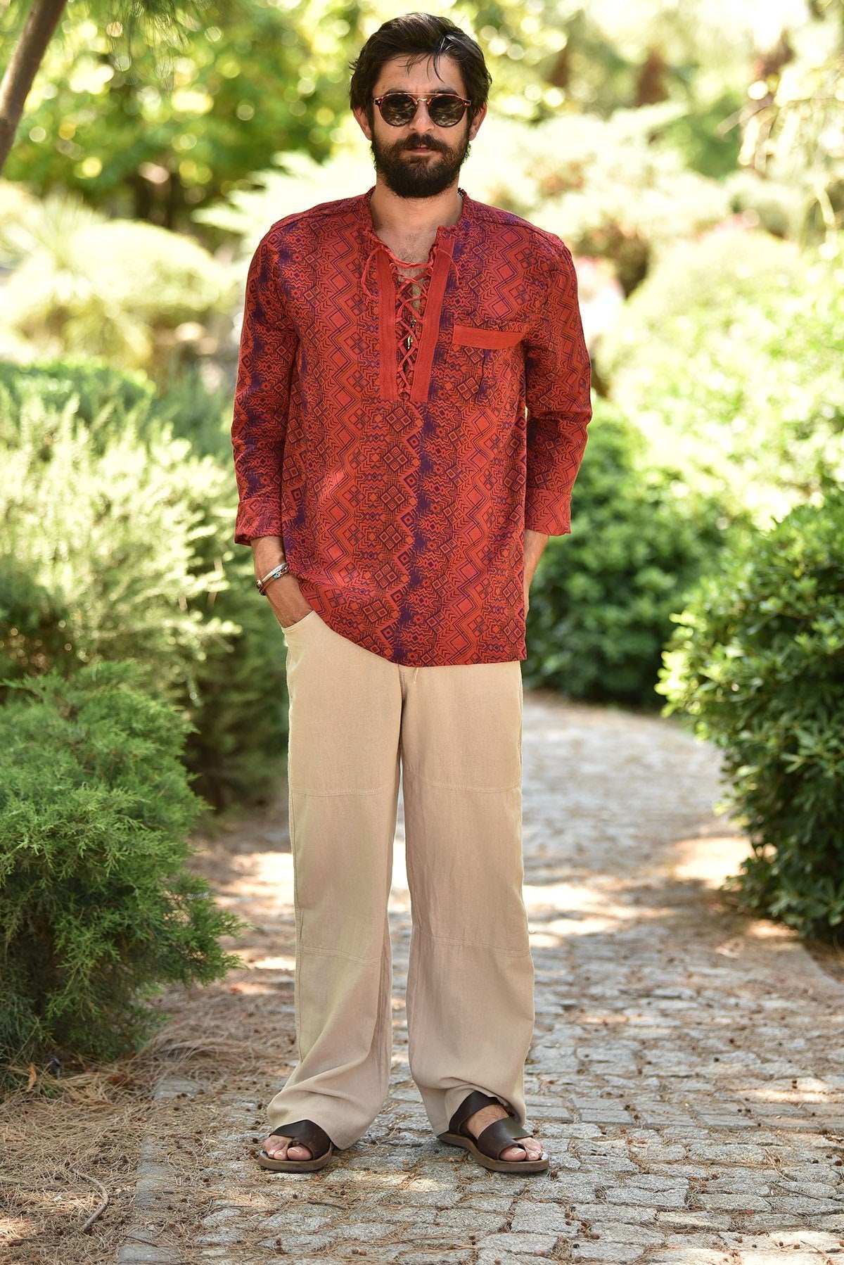 Red Patterned Bohemian Men's Shirt with Lace-up Collar