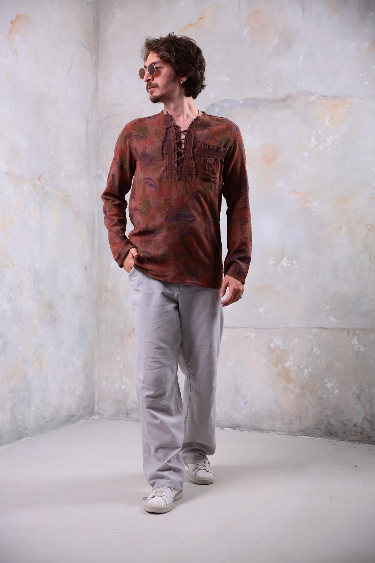 Dark Brown Patterned Lace-Up Collar Bohemian Men's Shirt