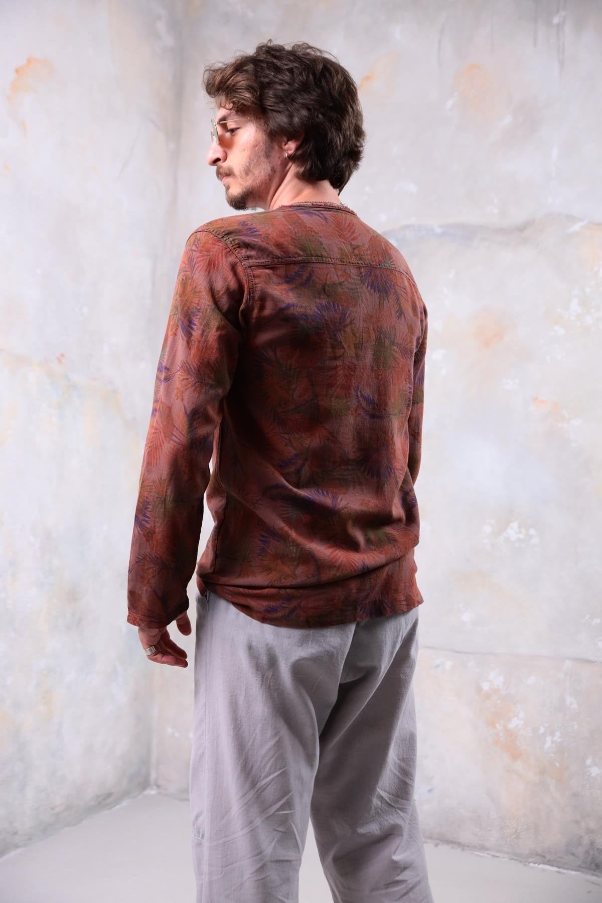 Dark Brown Patterned Lace-Up Collar Bohemian Men's Shirt