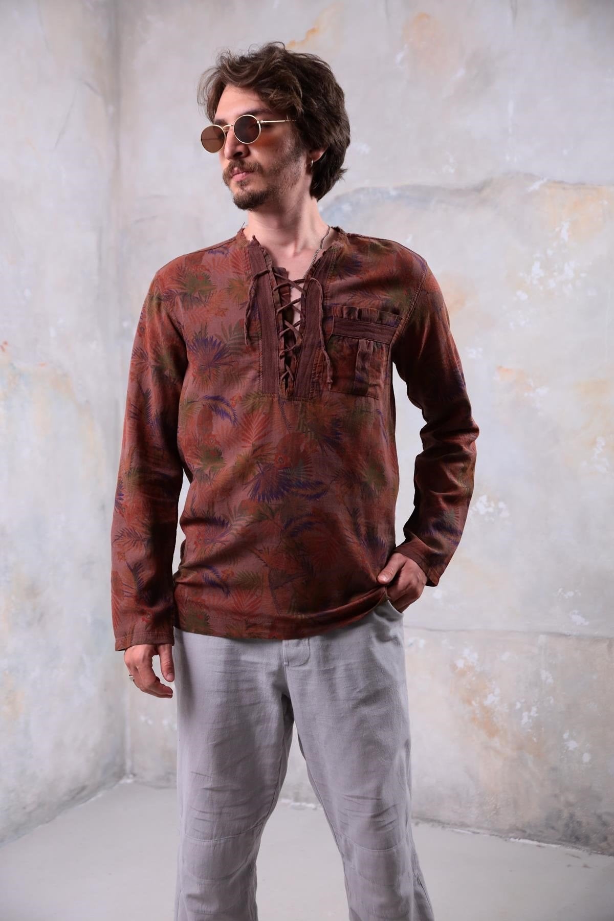 Dark Brown Patterned Lace-Up Collar Bohemian Men's Shirt