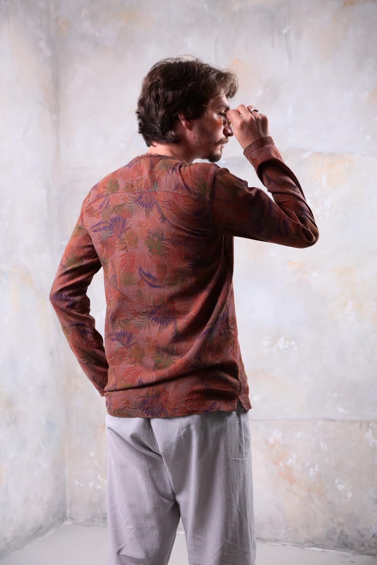 Dark Brown Patterned Lace-Up Collar Bohemian Men's Shirt