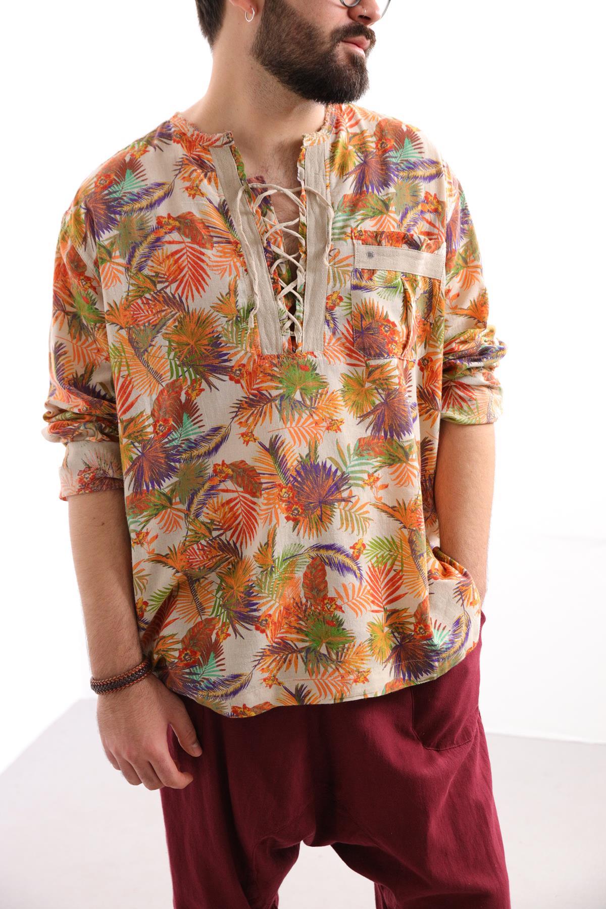 Cream Patterned Bohemian Men's Shirt with Lace-Up Collar