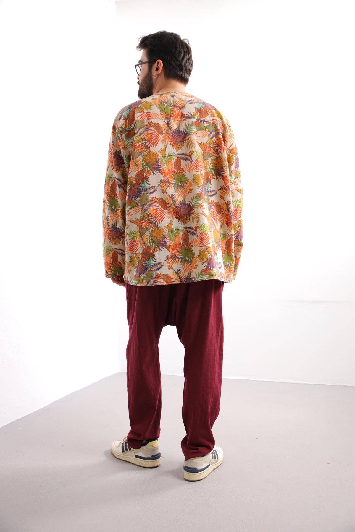 Cream Patterned Bohemian Men's Shirt with Lace-Up Collar