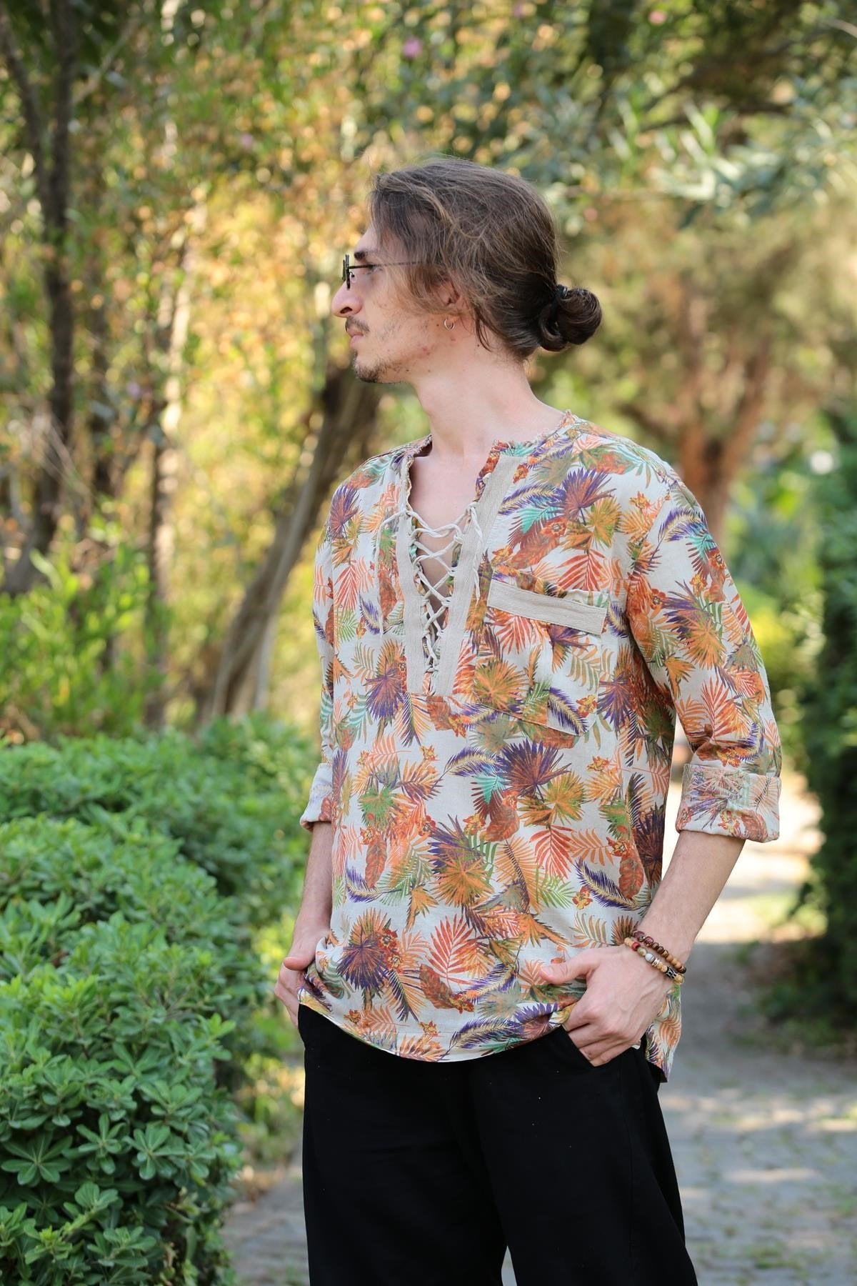 Cream Patterned Bohemian Men's Shirt with Lace-Up Collar