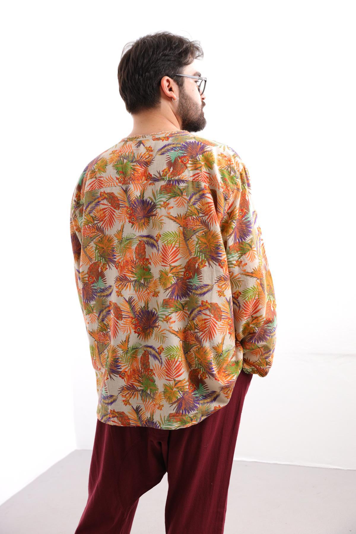 Cream Patterned Bohemian Men's Shirt with Lace-Up Collar