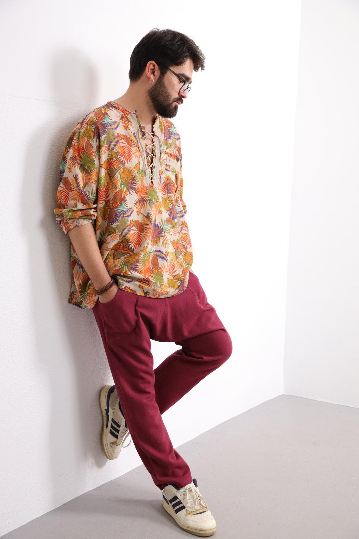 Cream Patterned Bohemian Men's Shirt with Lace-Up Collar