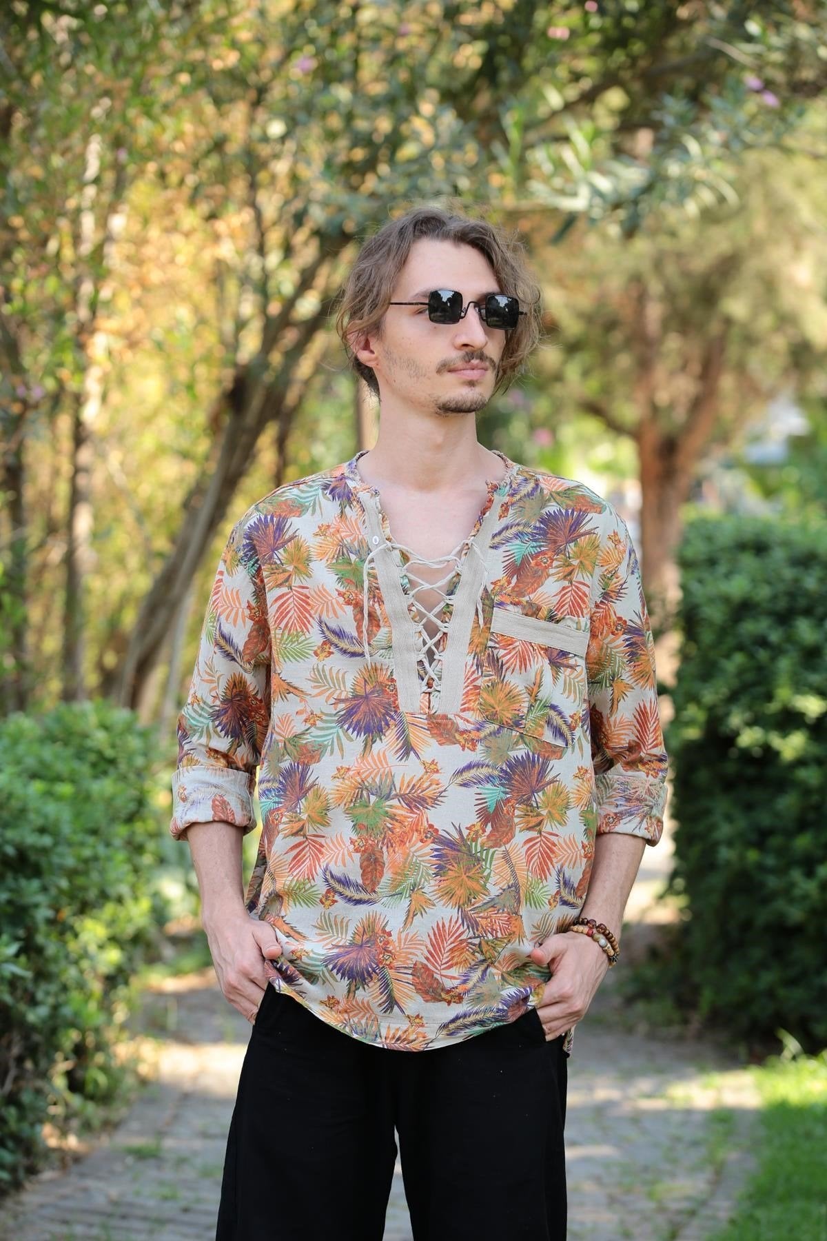 Cream Patterned Bohemian Men's Shirt with Lace-Up Collar