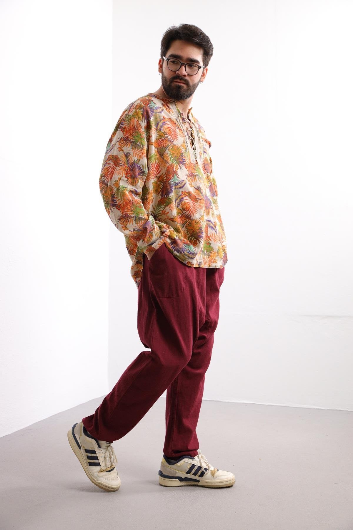 Cream Patterned Bohemian Men's Shirt with Lace-Up Collar