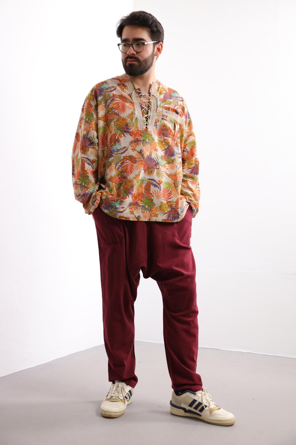 Cream Patterned Bohemian Men's Shirt with Lace-Up Collar