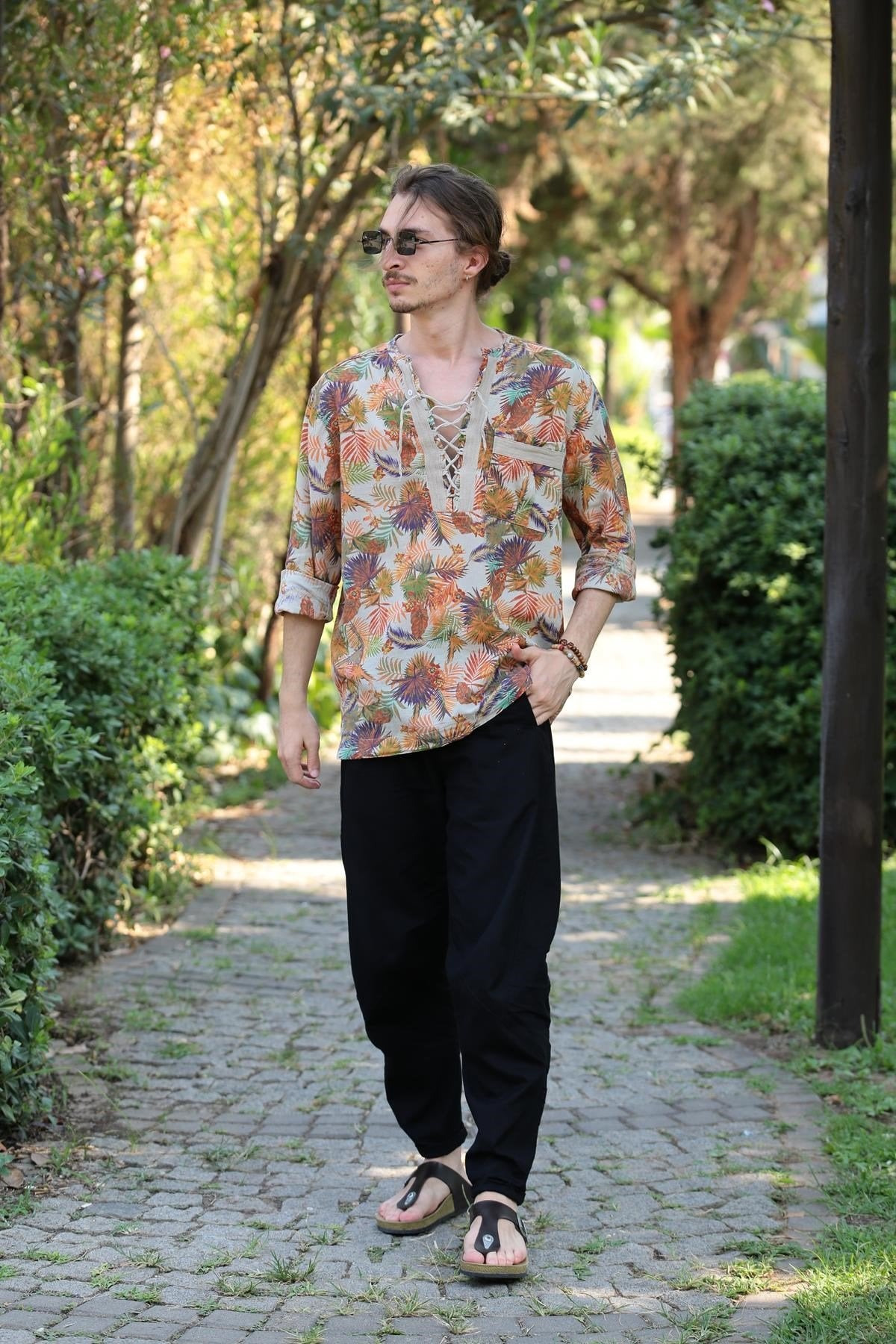 Cream Patterned Bohemian Men's Shirt with Lace-Up Collar