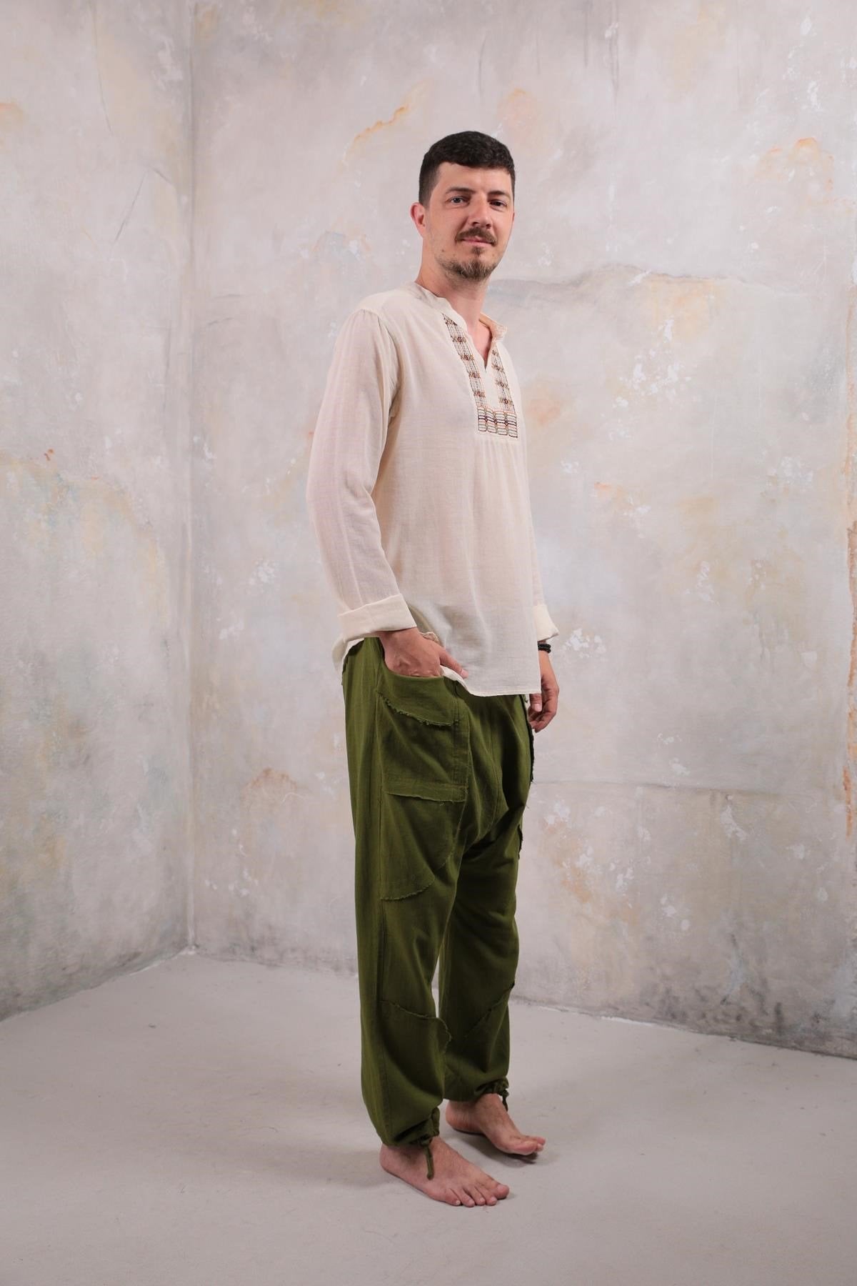 Cream Mandarin Collar Men's Shirt with Embroidered Detail