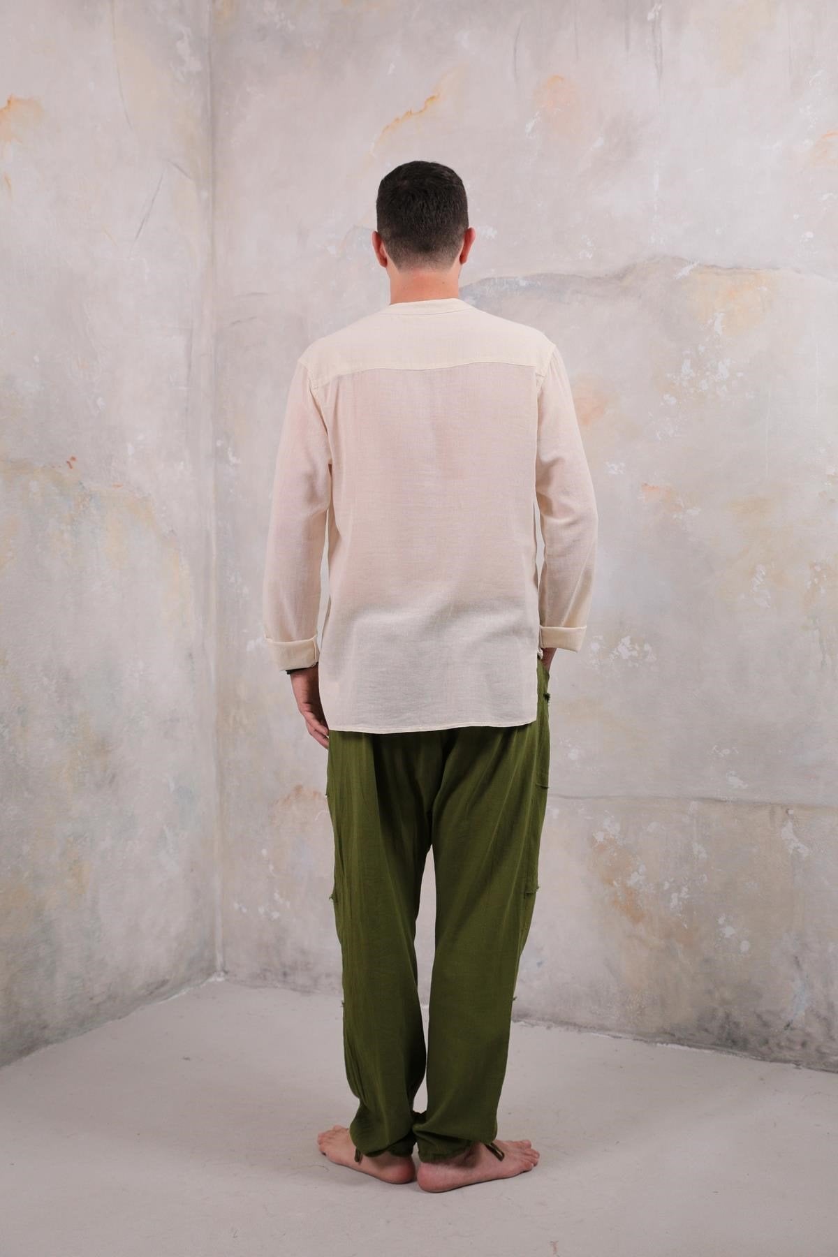 Cream Mandarin Collar Men's Shirt with Embroidered Detail