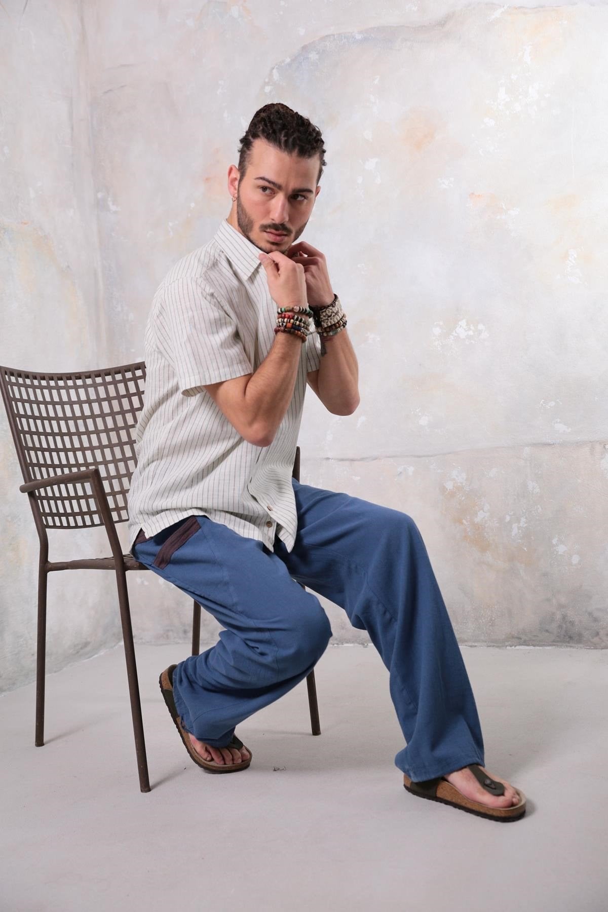 Cream Colored Relaxed Cut Striped Men's Shirt