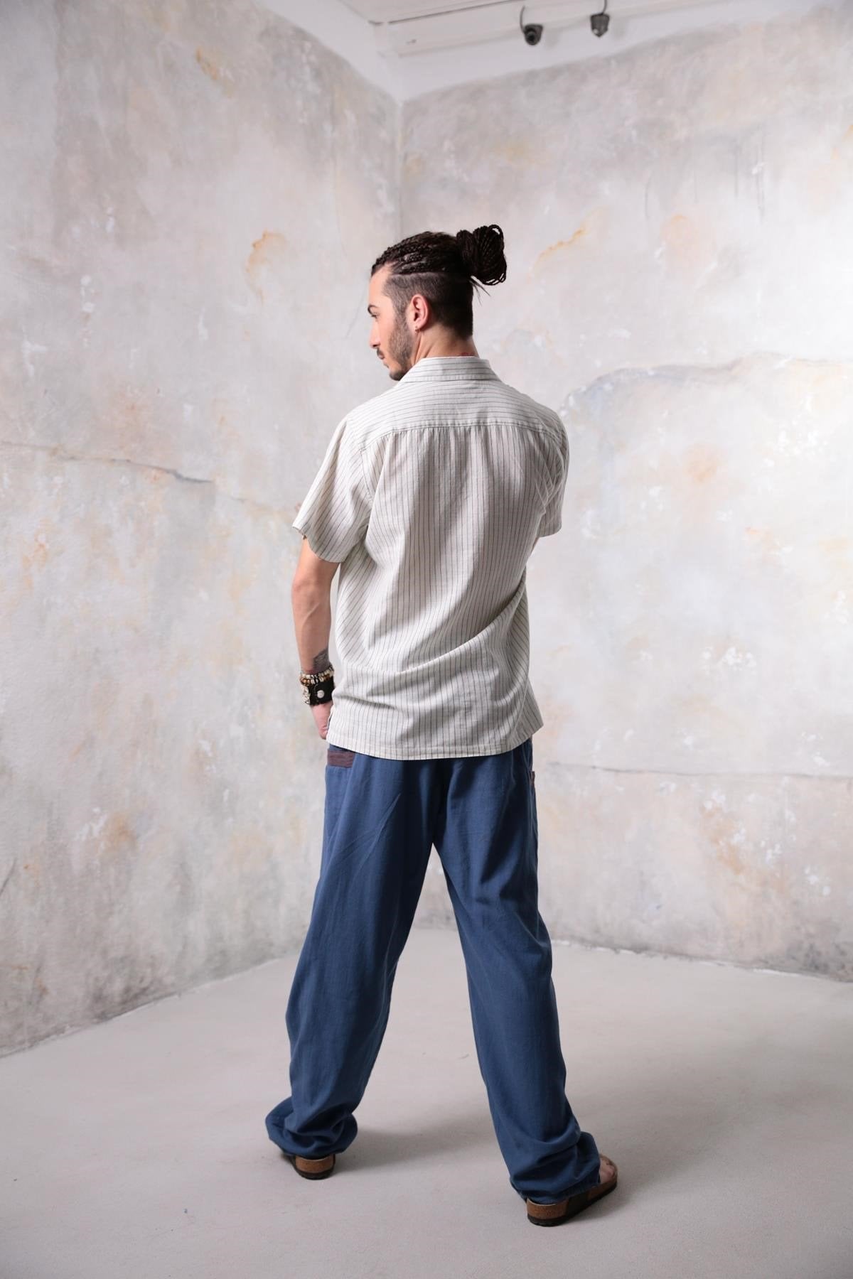 Cream Colored Relaxed Cut Striped Men's Shirt