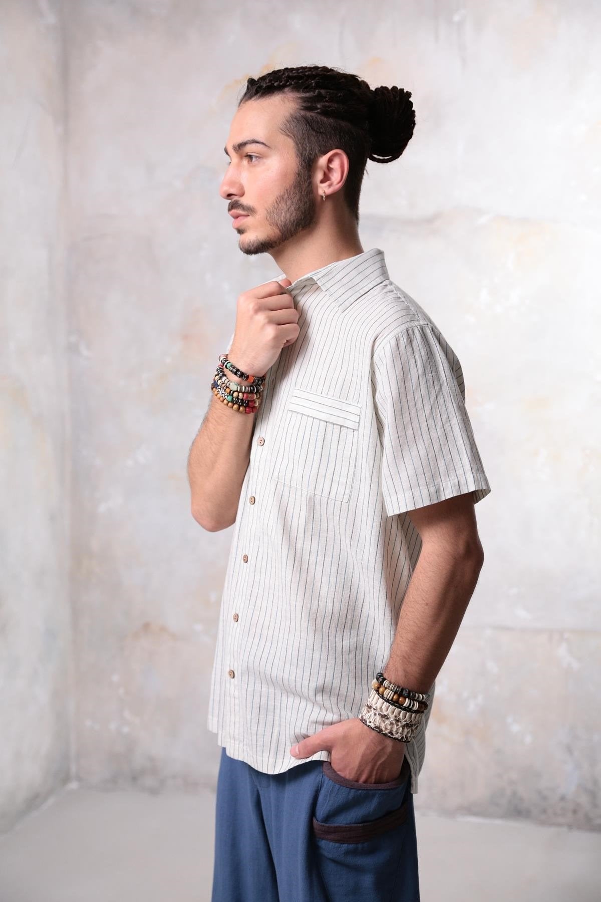 Cream Colored Relaxed Cut Striped Men's Shirt