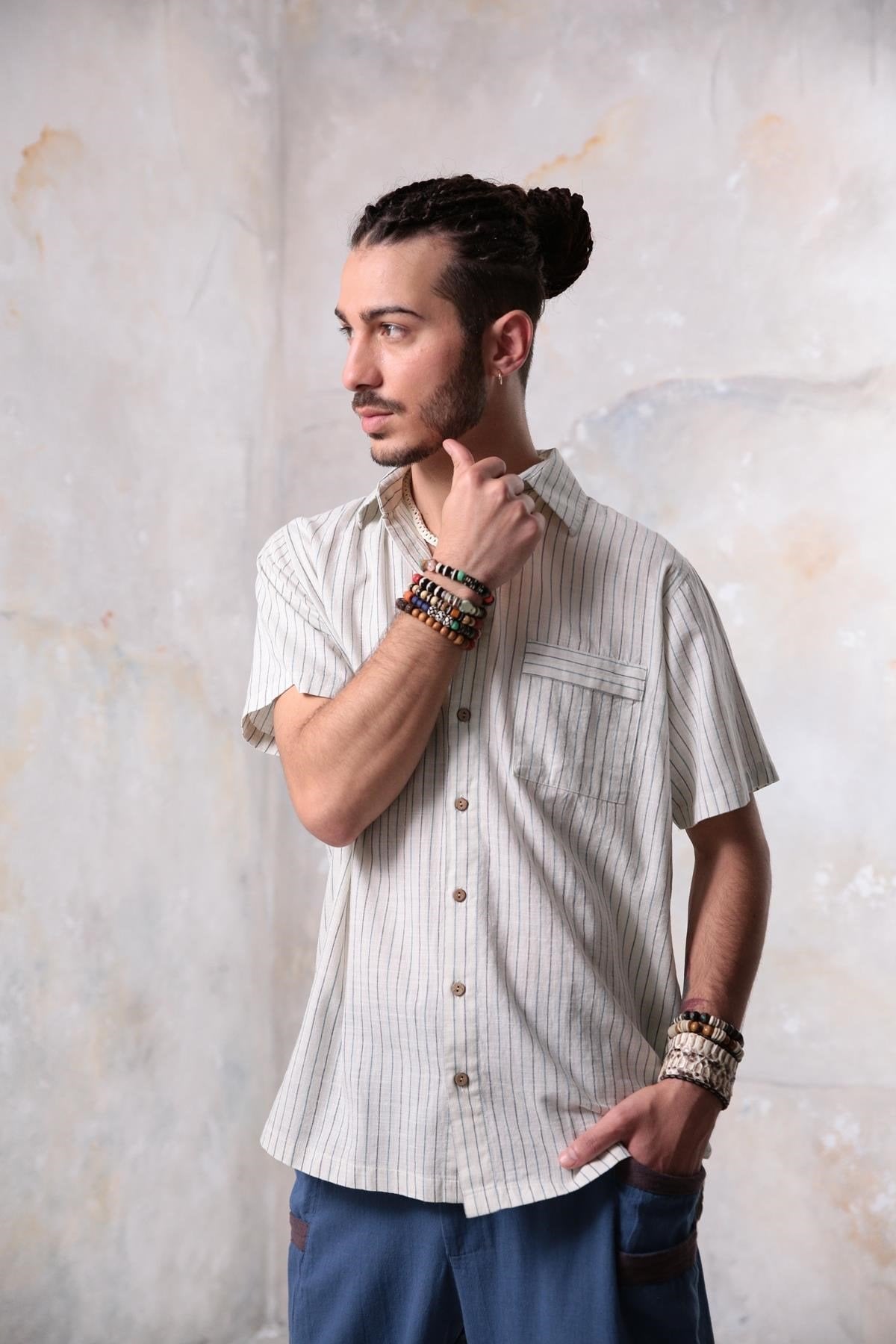 Cream Colored Relaxed Cut Striped Men's Shirt