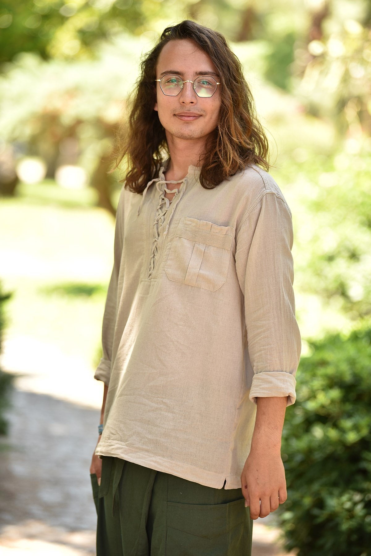 Cream-Colored Bohemian Men's Shirt with Lace-Up Collar