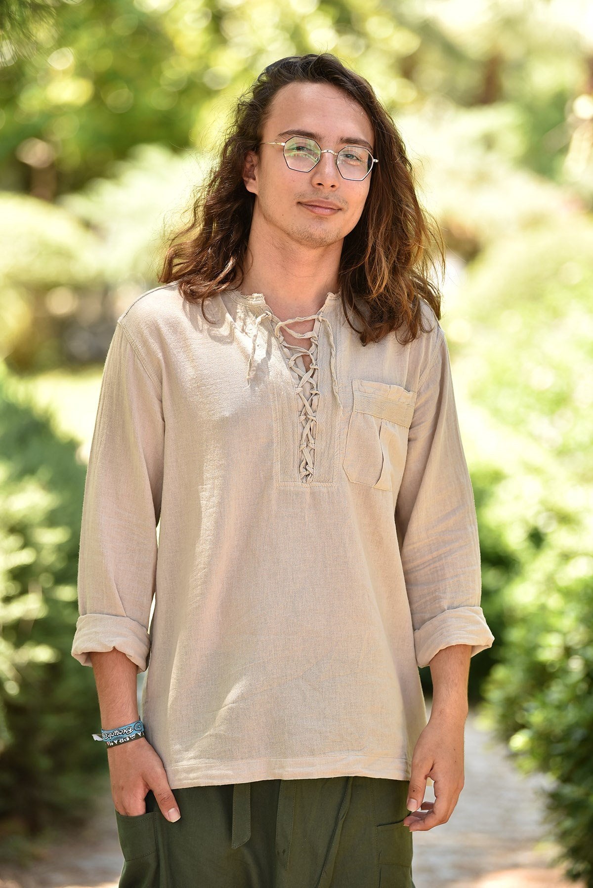 Cream-Colored Bohemian Men's Shirt with Lace-Up Collar