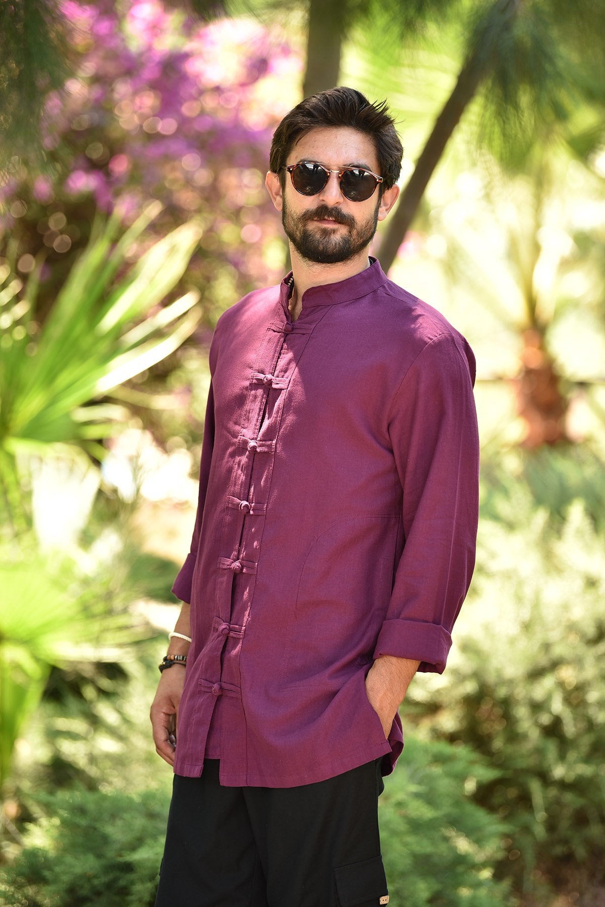 Plum Colored Mandarin Collar Button Knot Shirt