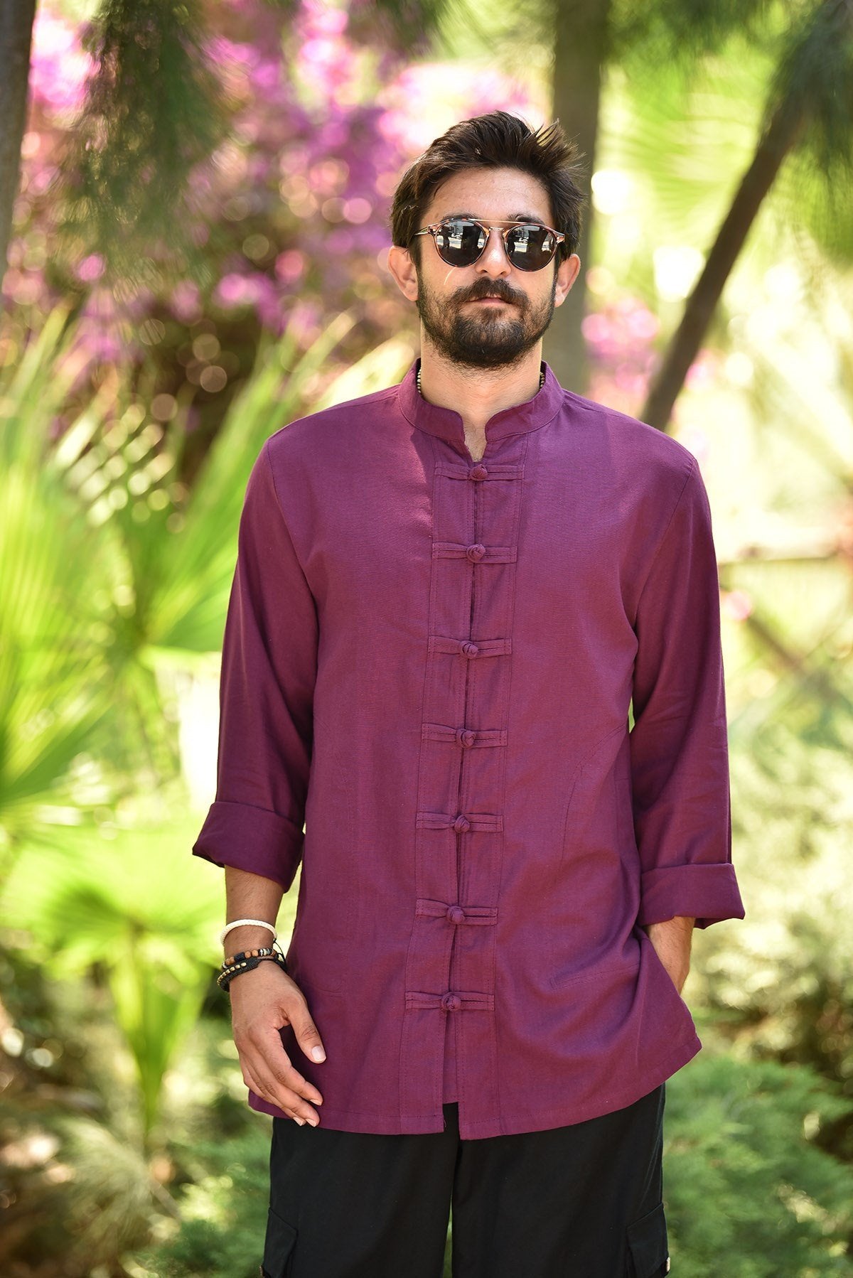 Plum Colored Mandarin Collar Button Knot Shirt